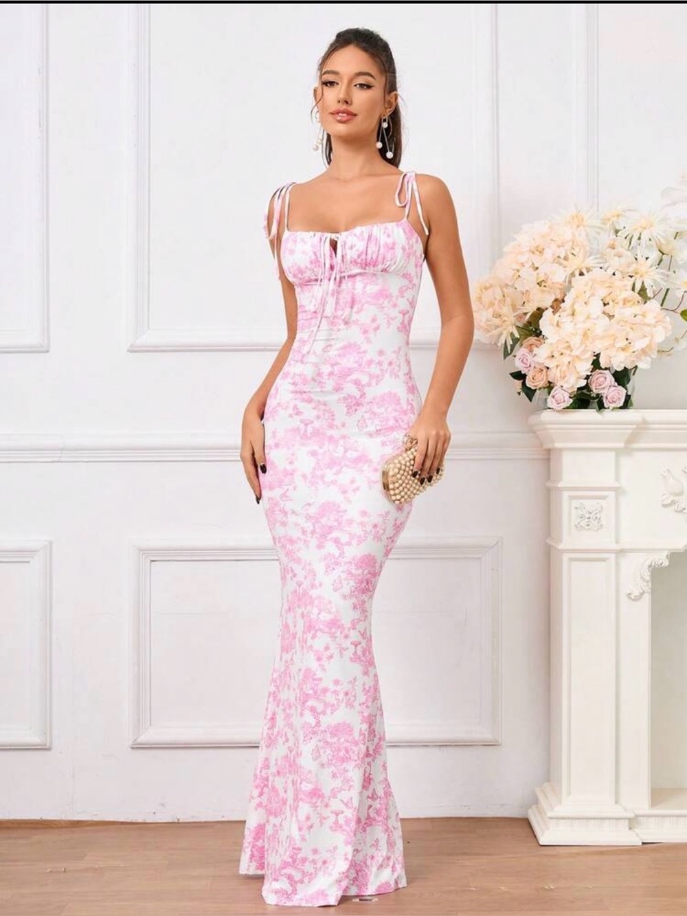 SHEIN Pink Floral Tie-Shoulder Maxi Dress